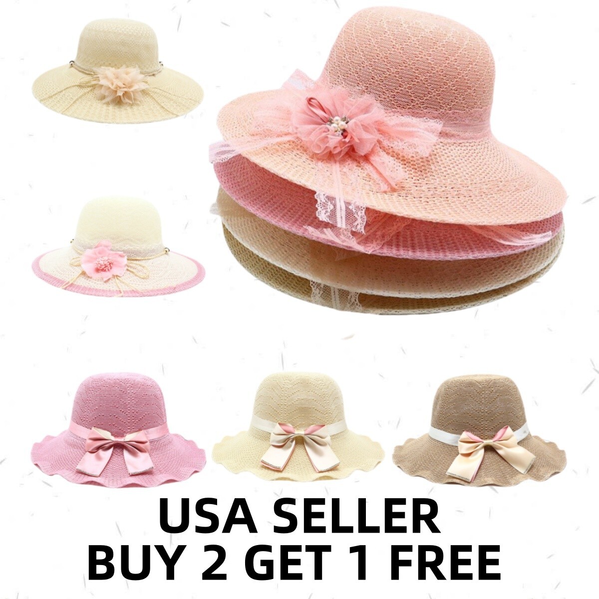Women Sun Straw Hat Breathable Large Wide Brim Beach Flower Bow Knot