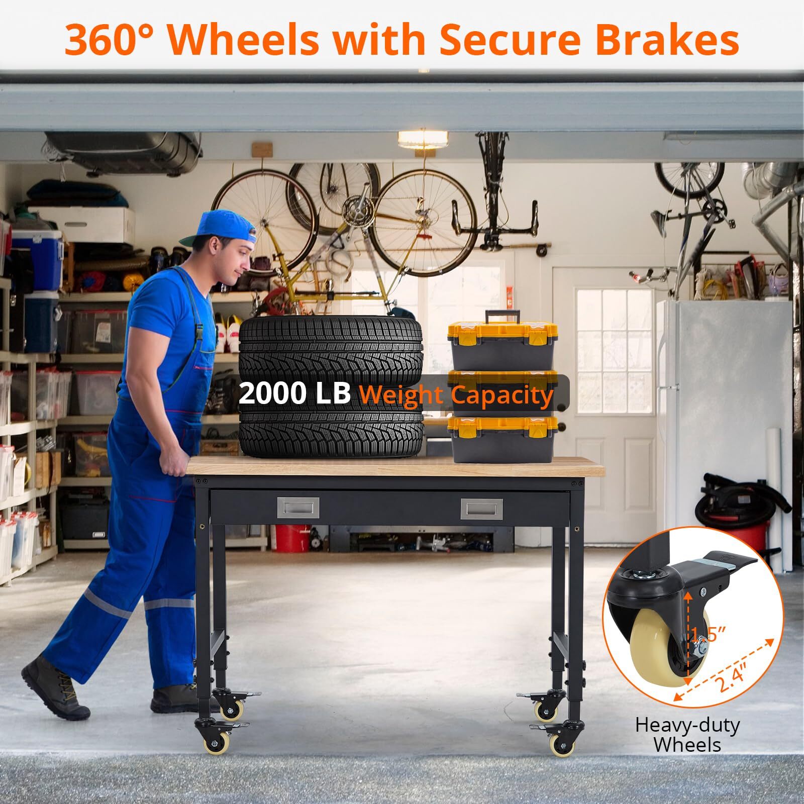48" Adjustable Workbench Heavy Duty Workstation 4 Casters 2000 LB Load Capacity