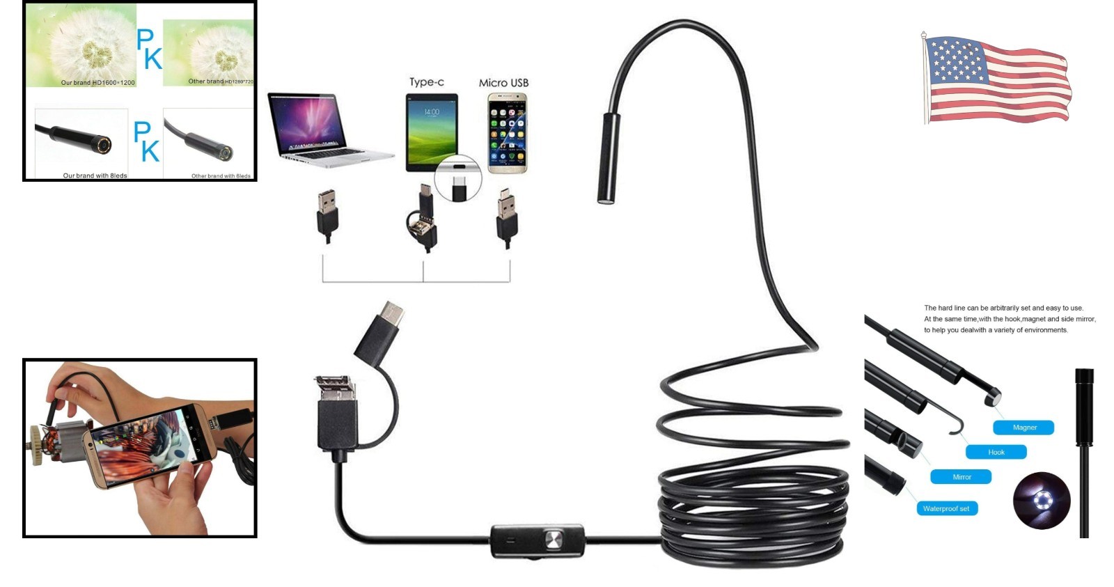HD 640x480 USB Inspection Camera, 2m Waterproof Endoscope with Adjustable Lights