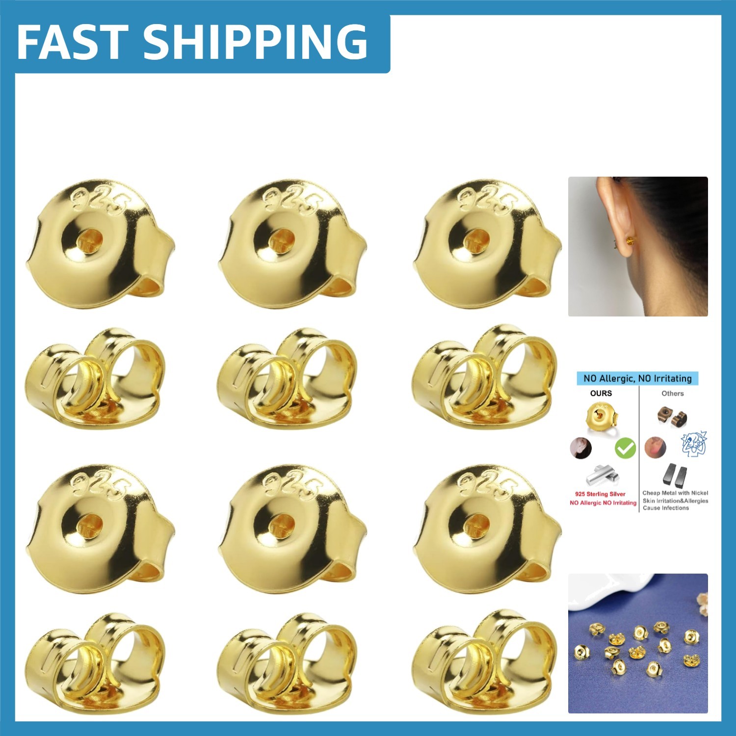 12PCS Hypoallergenic Earring Backs - Sterling Silver & Gold Plated Comfort Grip