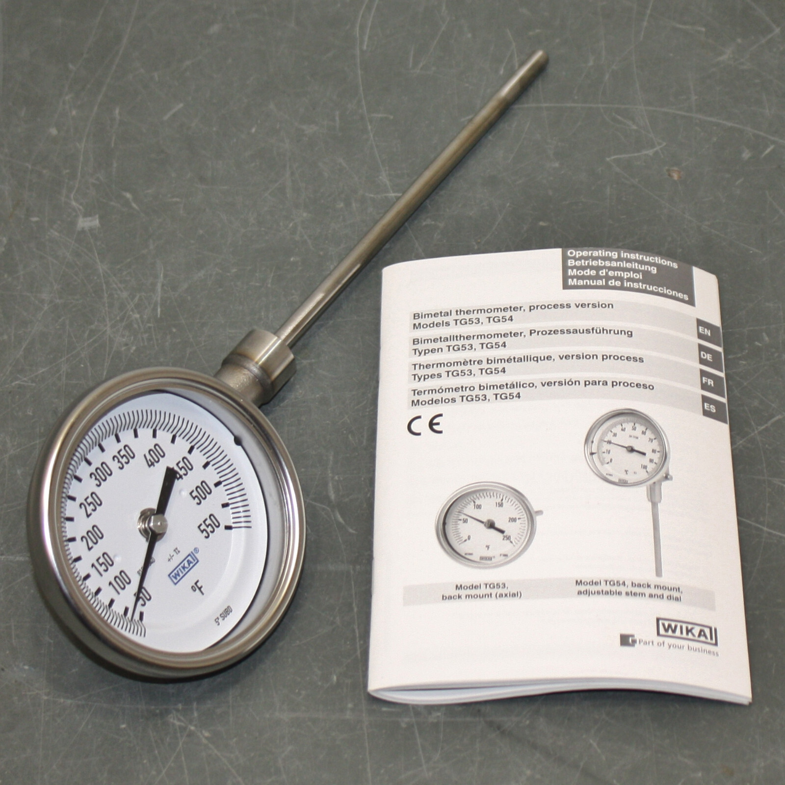 Wika Bimetal Thermometer TG53, 3" Dial, LM, 6" Plain Stem, 50° to 550° F, Glass