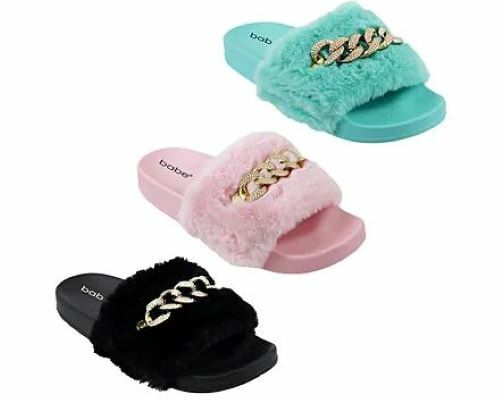 Women's Fluffy Faux Fur Slipper Slides w/Chain Emblishment Indoor/Outdoor Slide