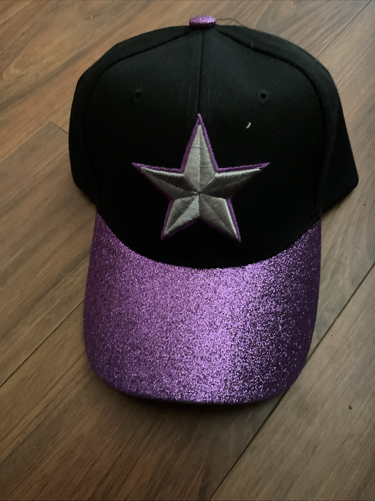 Black Hat With Purple Glitter Brim And Purple/silver Star