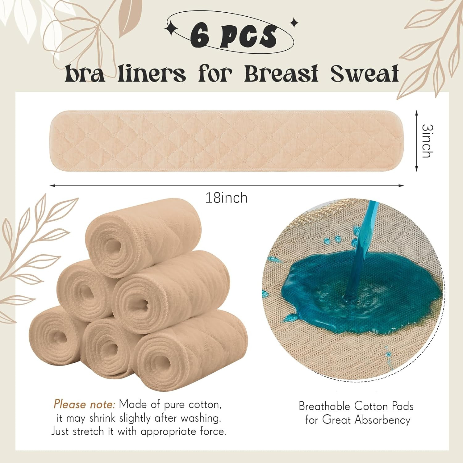 6 Pcs Cotton Bra Liners Rectangle under Bra Pads 3 Layer Bra Sweat Liners for Wo