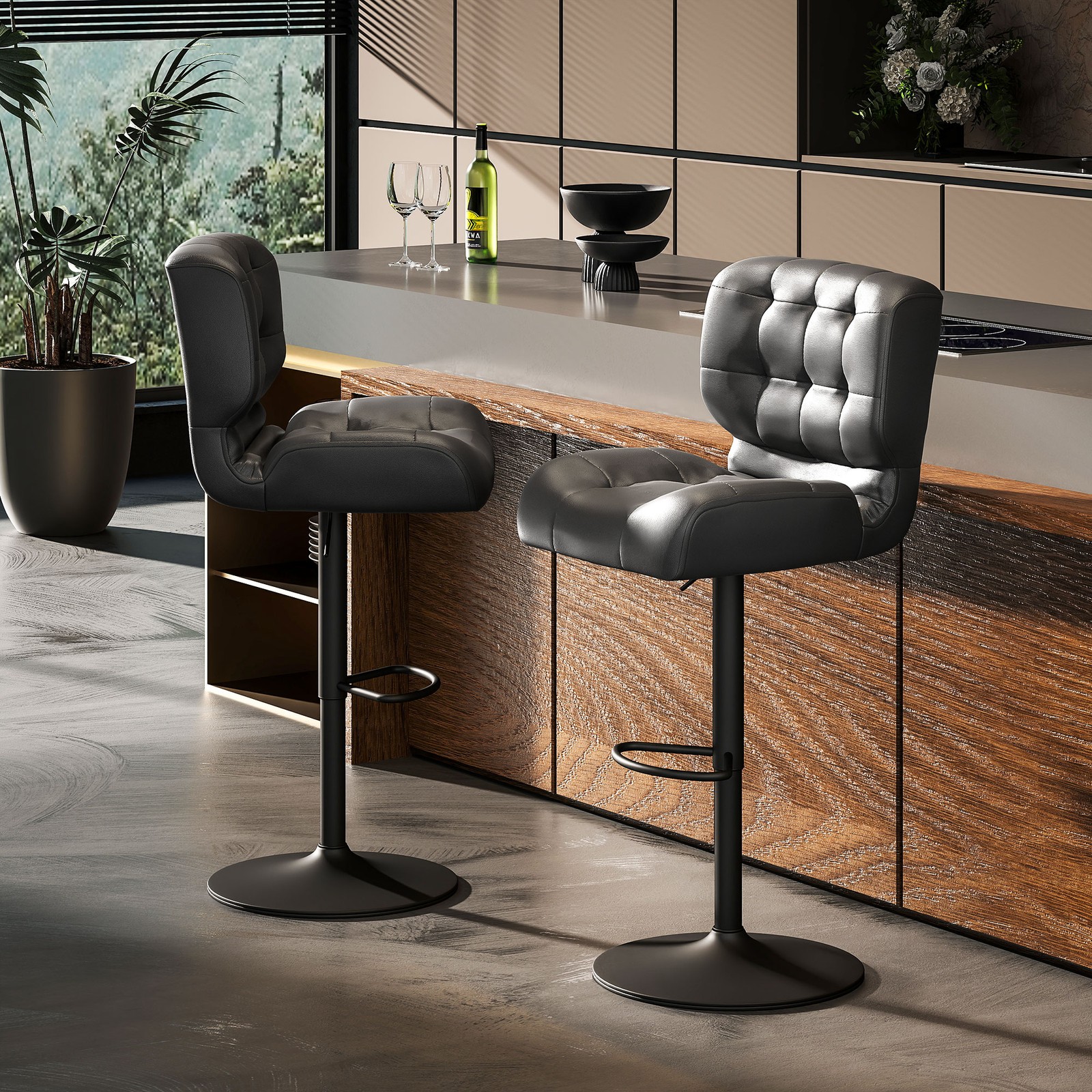 Set of 2 Button Tufted Barstools with Adjustable Height and Footrest