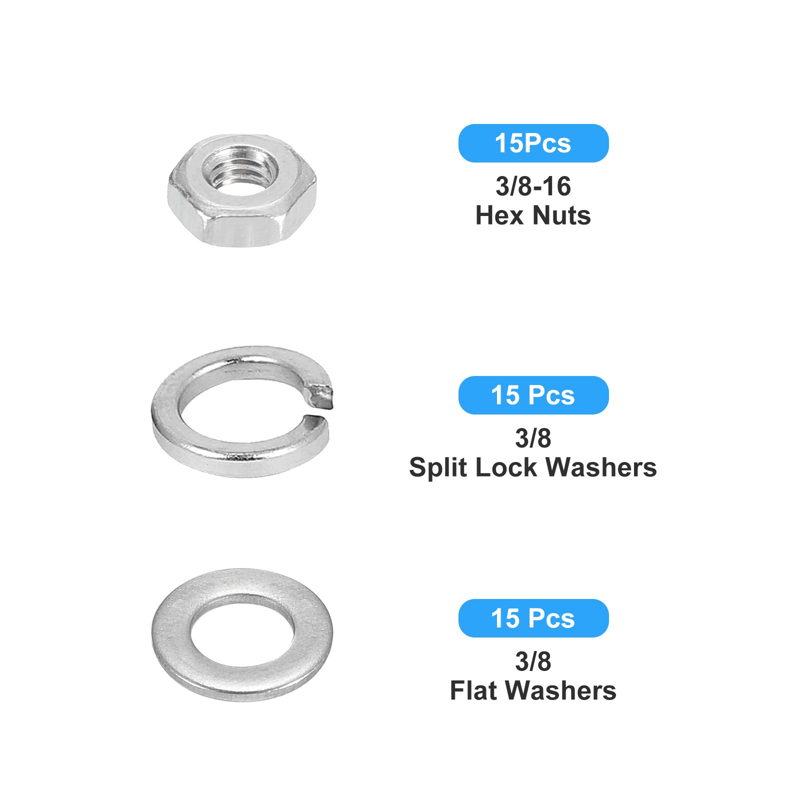 Hex Nuts Assortment Kit (3/8"-16 Hex Nuts with 3/8" Flat Washers) 45Pcs Kit
