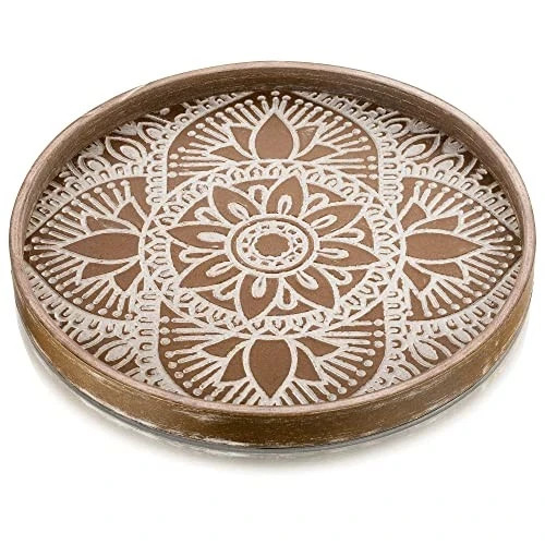 Round Wood Decorative Coffee Table Tray: Rustic Boho 11.8" Vintage Brown