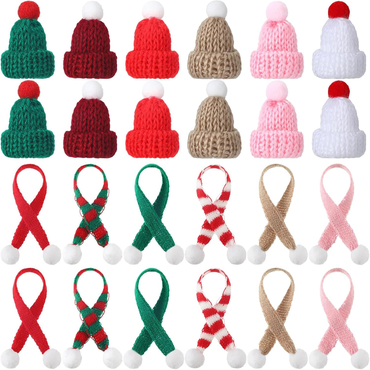 24 Pcs Mini Christmas Hats and Tiny Scarf Set Mini Knitting Doll Hat Scarf Sa...