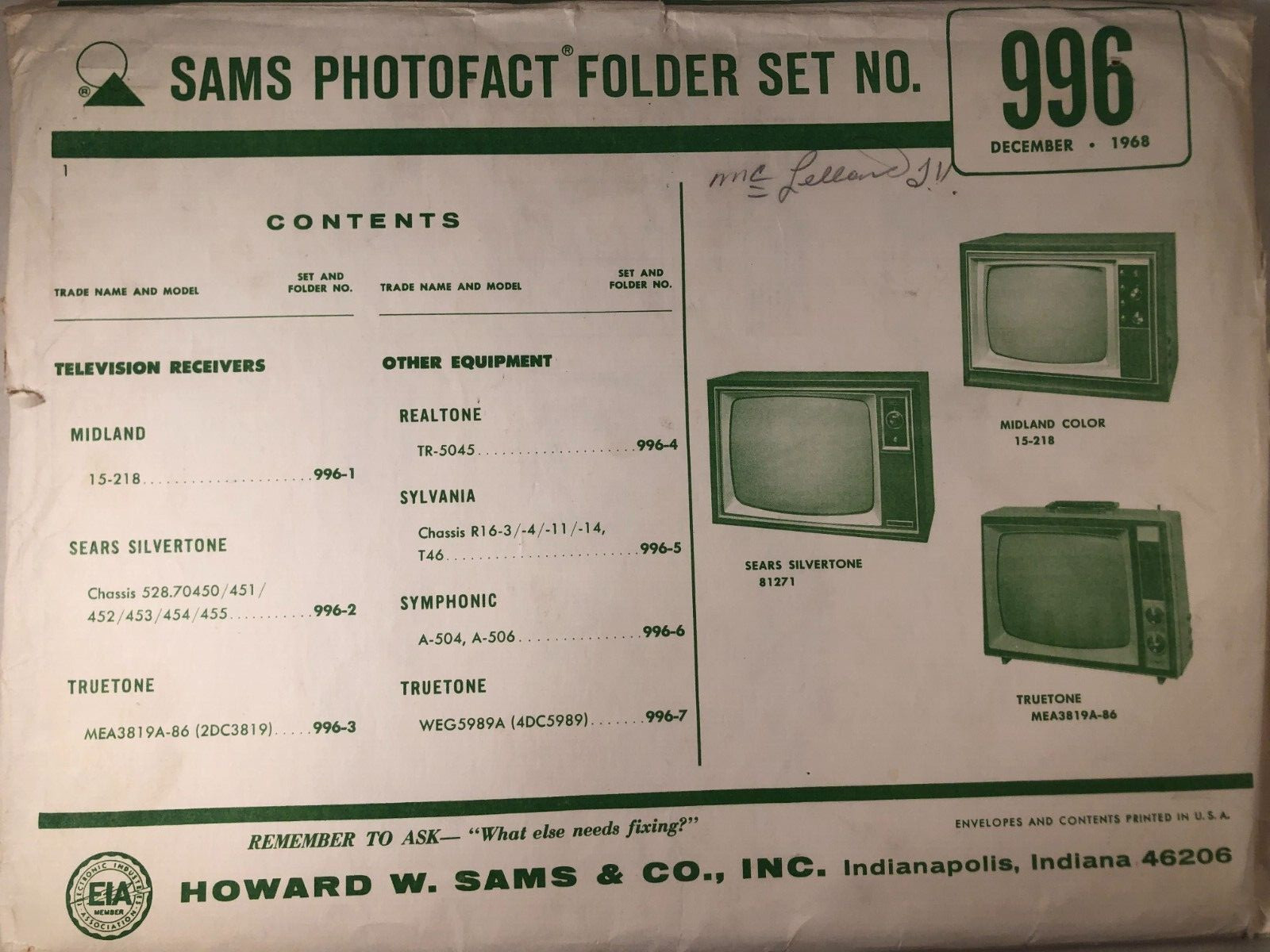 SAMS PHOTOFACT FOLDER SET NO. 996, 1968, SCHEMATICS & SERVICE MANUALS
