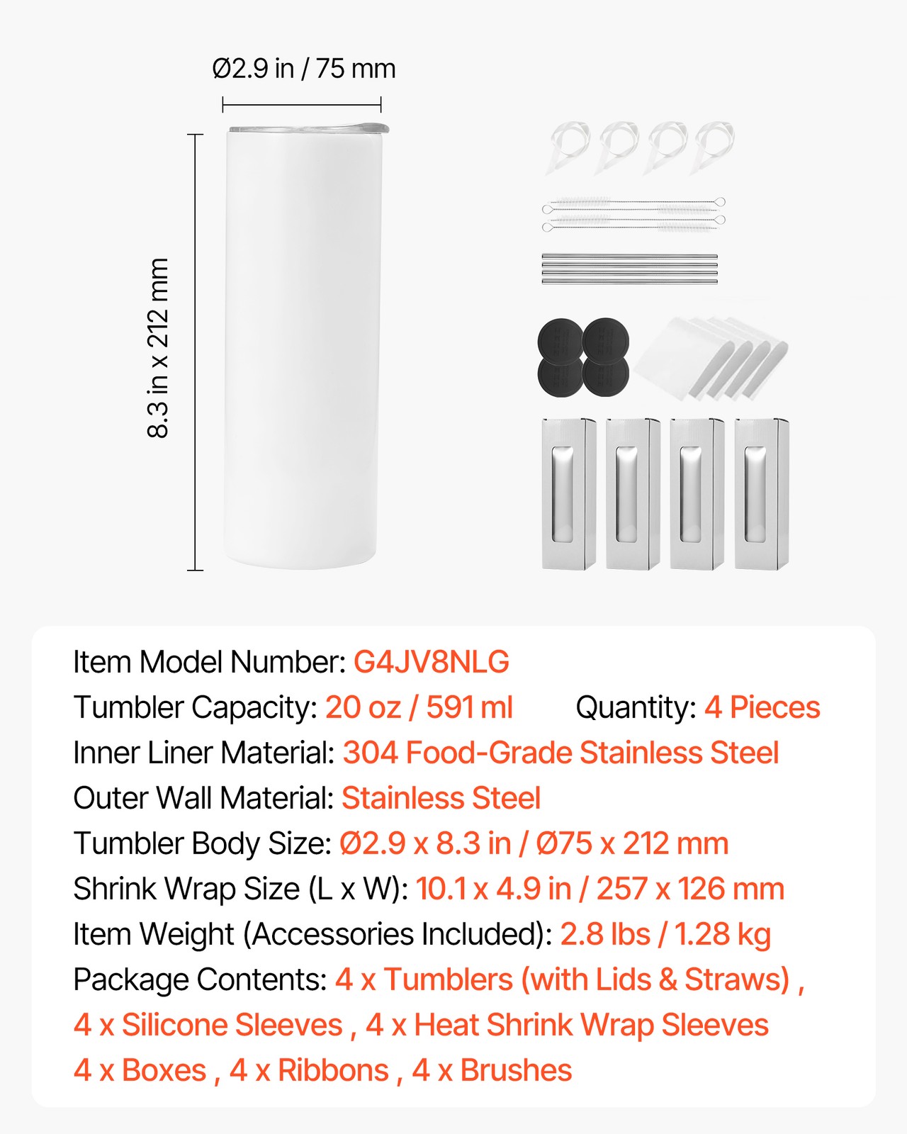 VEVOR Sublimation Tumblers Skinny Straight Tumblers Bulk 4 Pack 20 oz for DIY