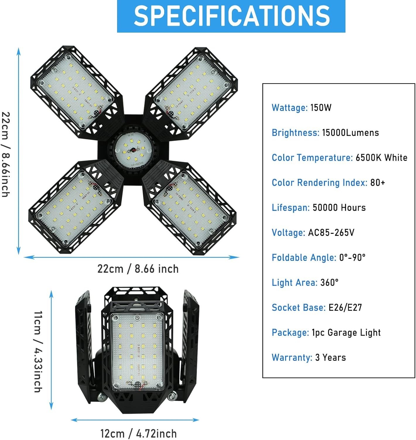 150W LED Garage Light 15000LM Deformable Ceiling Shop Light 4 Panel E26