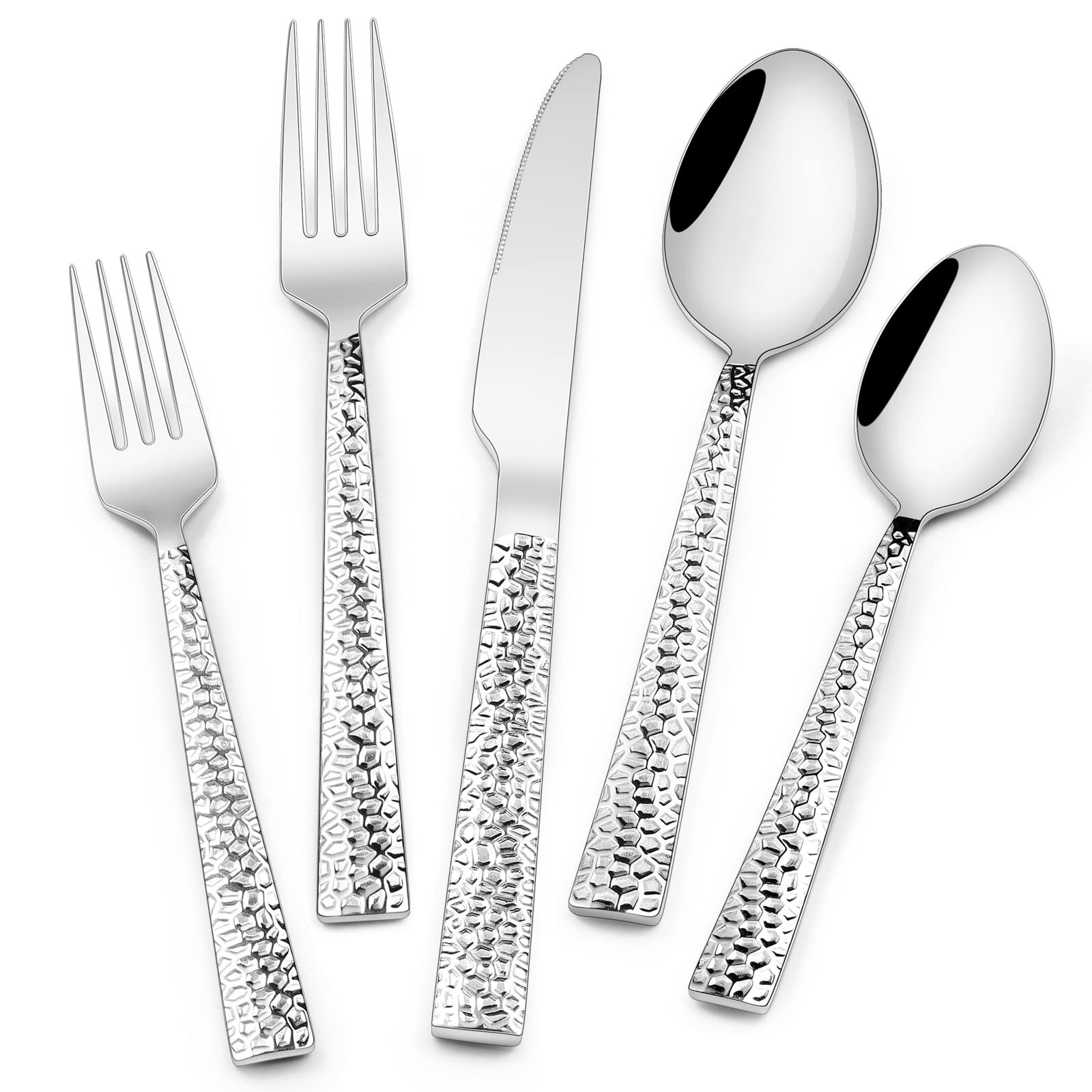 Hammered Silverware Set, 40-Piece Stainless Steel Square Flatware Set for 8, Foo