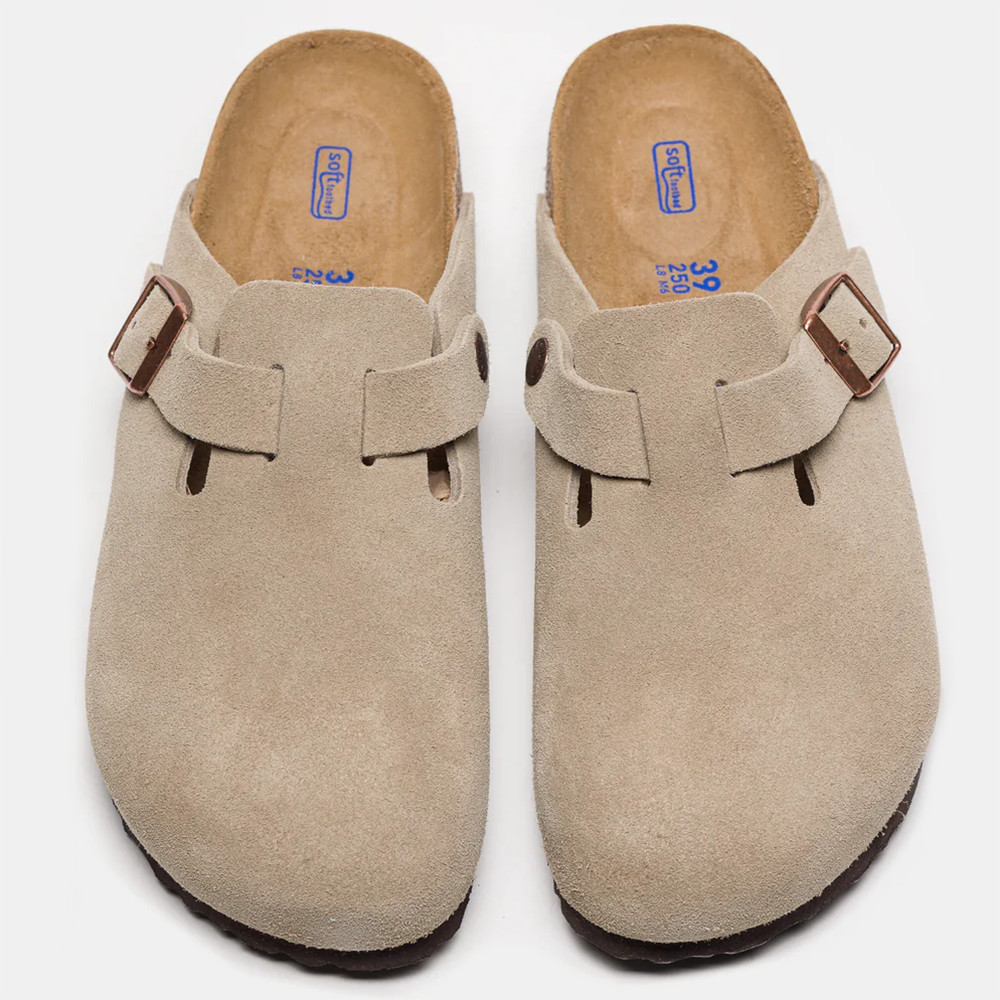 Birkenstock Boston Taupe Suede Leather Soft Footbed Clog Women's Shoes