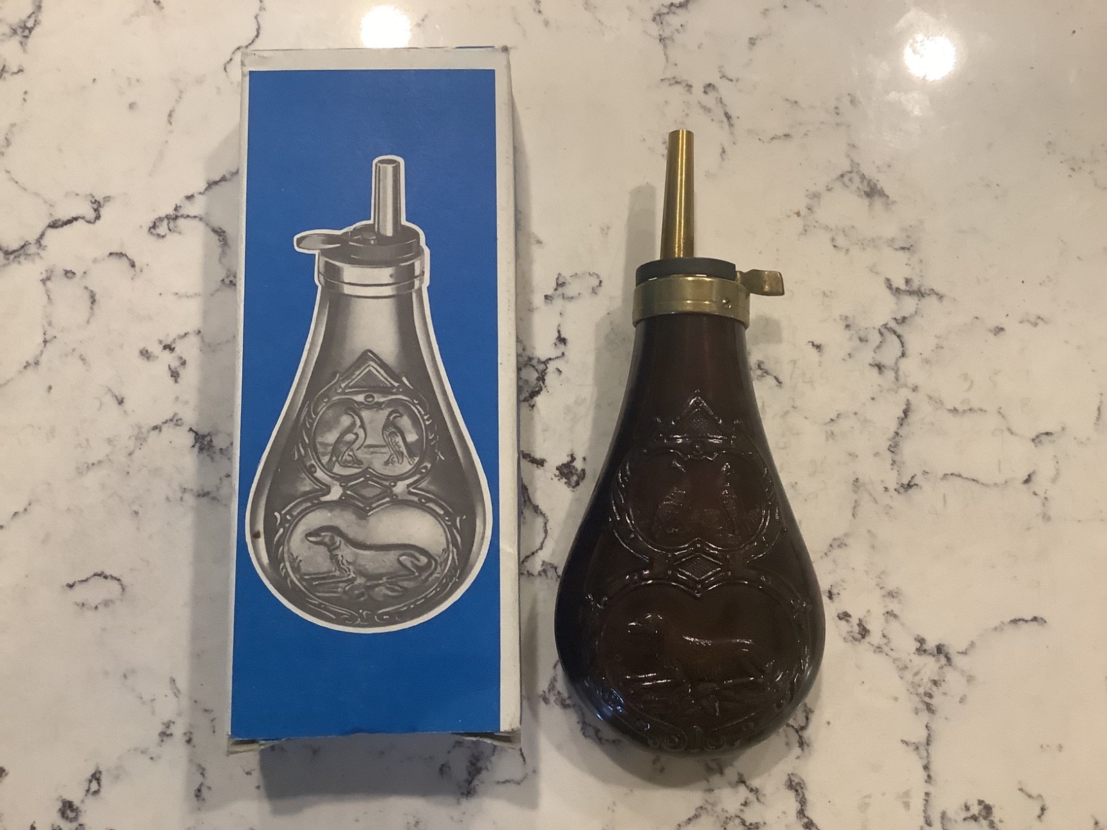 Vintage Copper Black Powder Flask with Dog & Birds Embossed