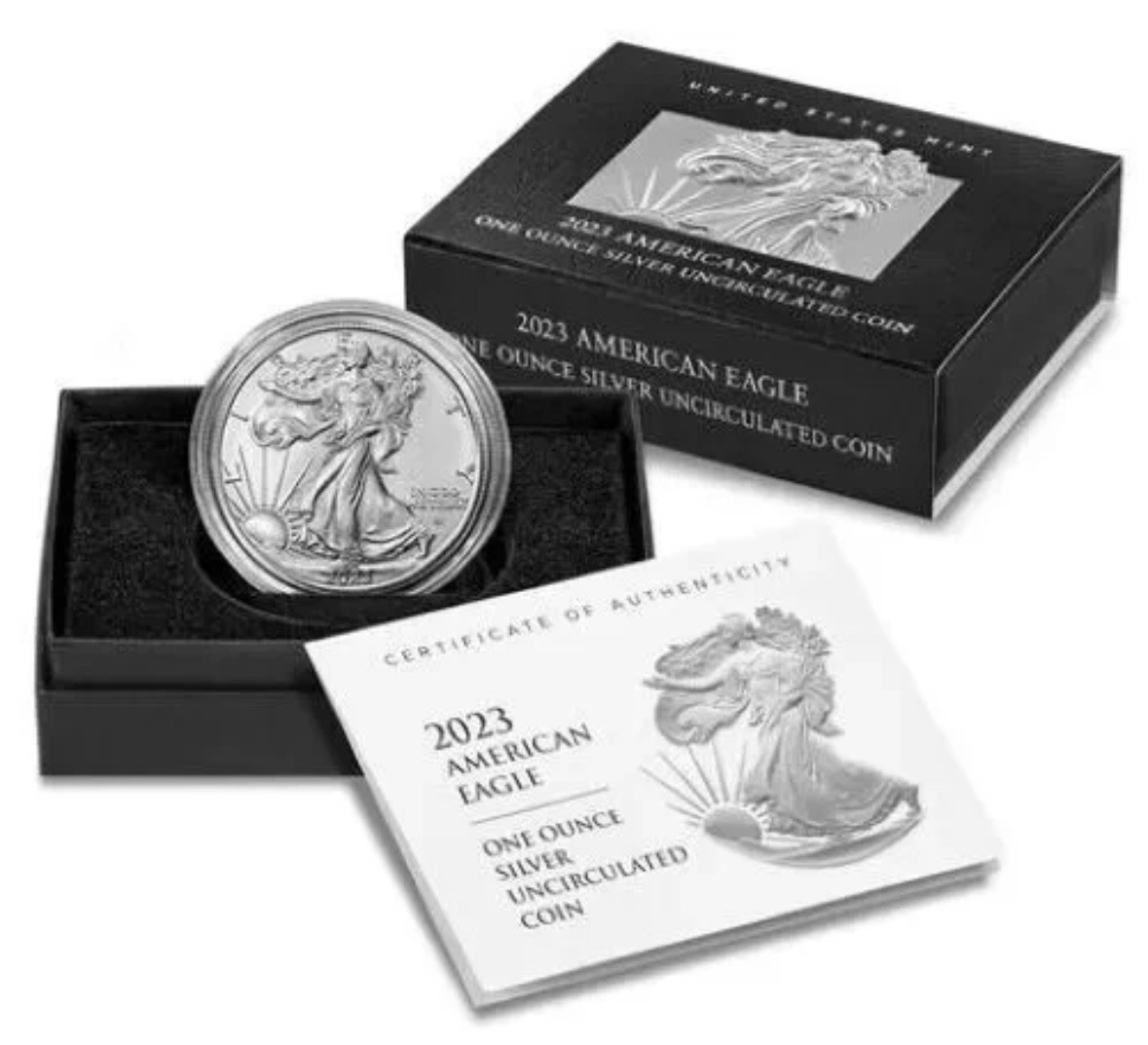 2023 W American Eagle 1 Ounce Silver Uncirculated Coin, US Mint 23EG COA (Box B)