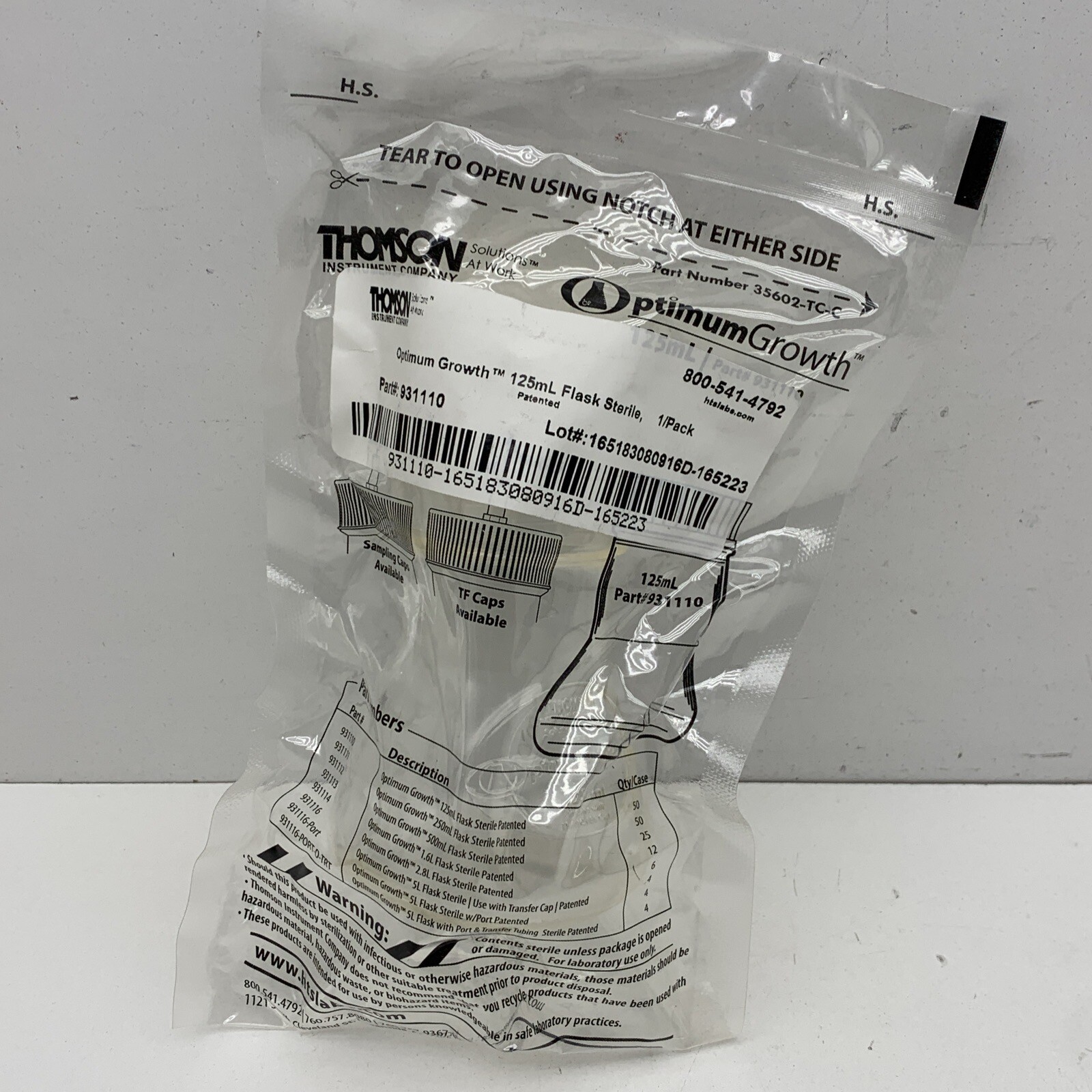 Lot of (4) Thomson 931110 Optimum Growth Flask, Sterile 125mL