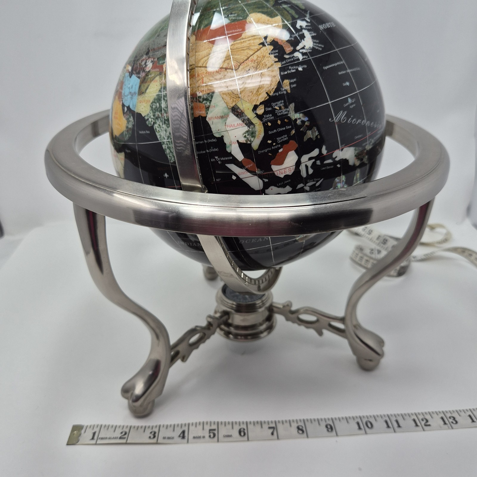 14" Black Ocean Silver 3- Leg Table Stand Gem Gemstone World MAP & Compass Globe