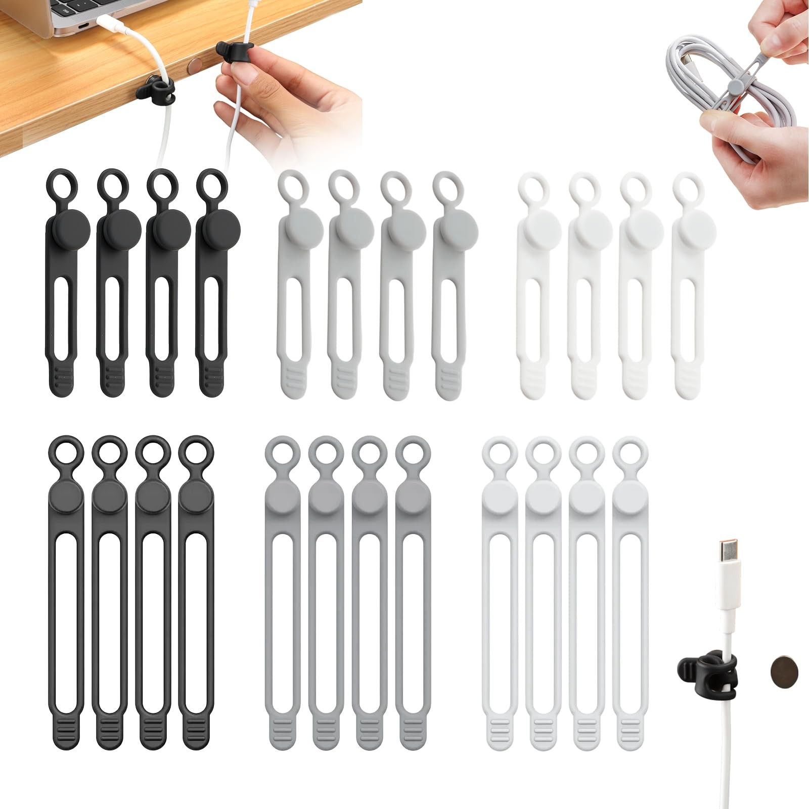 24pcs Silicone Cable Ties, Magnetic Data Cable Organizers Reusable Cable Ties...