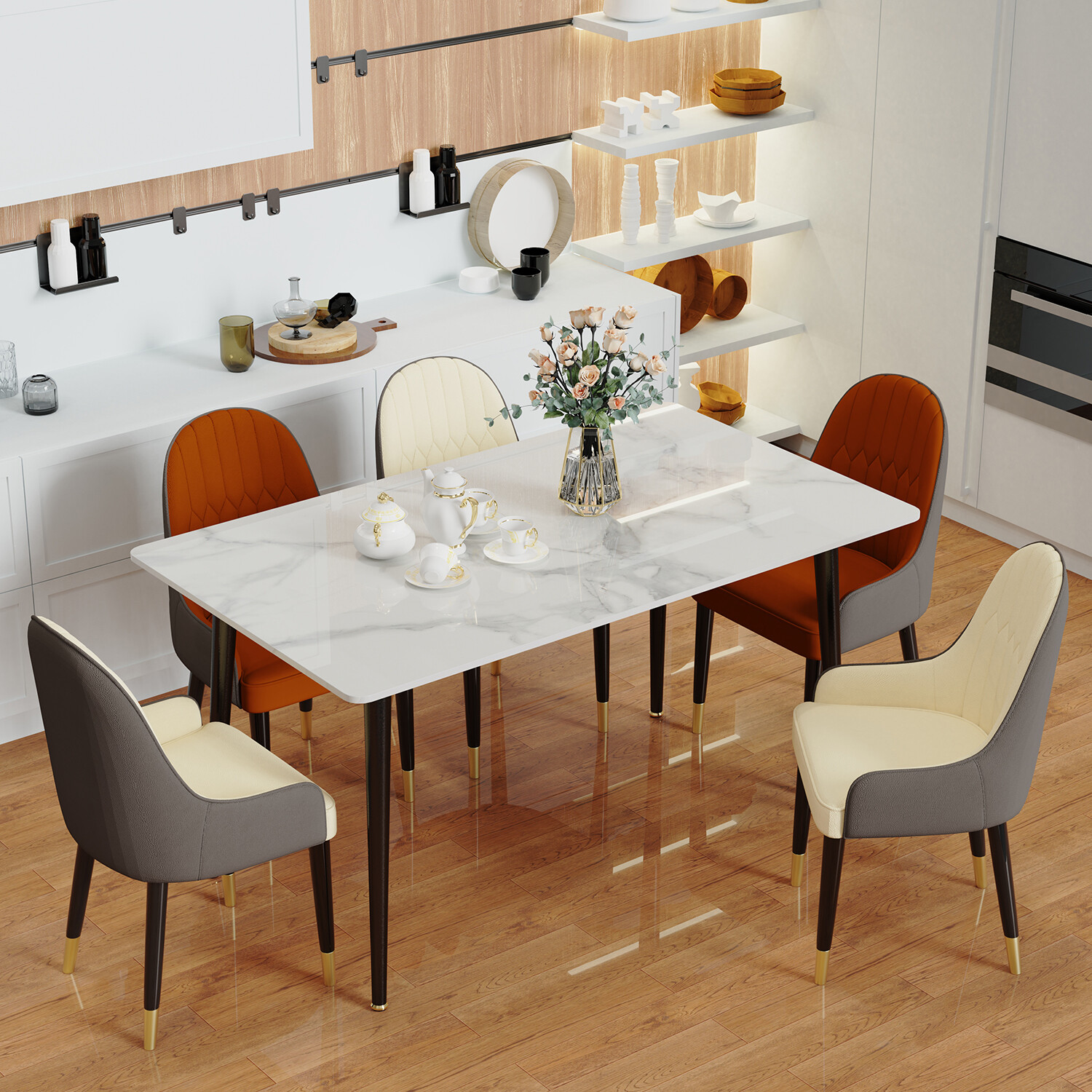 High-end Dinner Table and Leather Chairs 4-6 Seat Dining Table Modern Marble Top