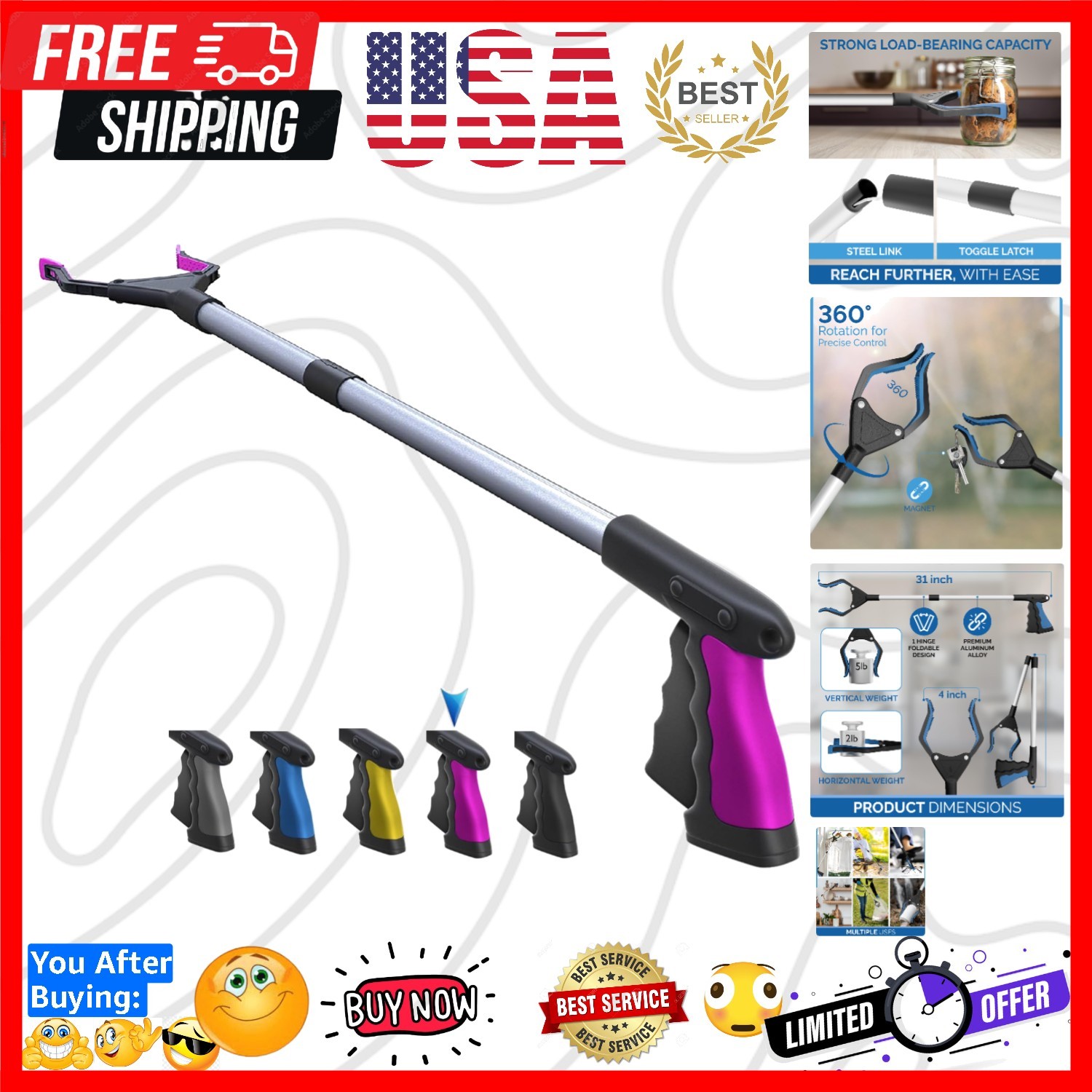 2025 Upgrade PowerGrip T9, Grabber Reacher Tool, Wide Jaw, Foldable, Steel Ca...