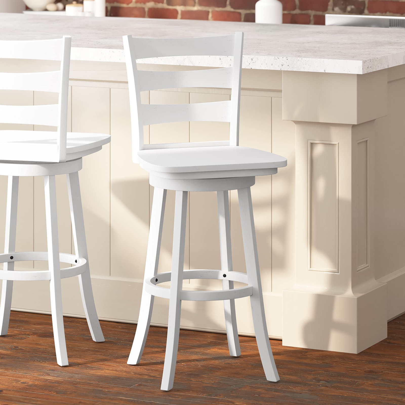 Taylor & Logan Laurel Wooden Swivel Ladderback Bar Stool in Antique White Wash