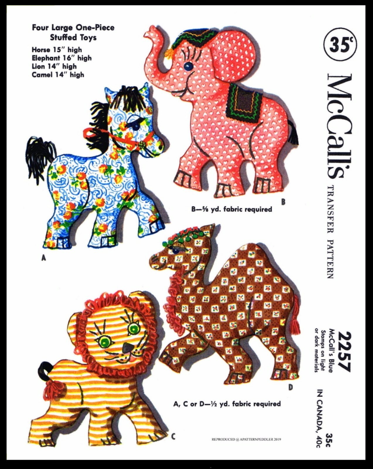 McCall's 2257 Fabric Sewing Pattern 4 Stuffed Animals Elephant Lion Horse Camel