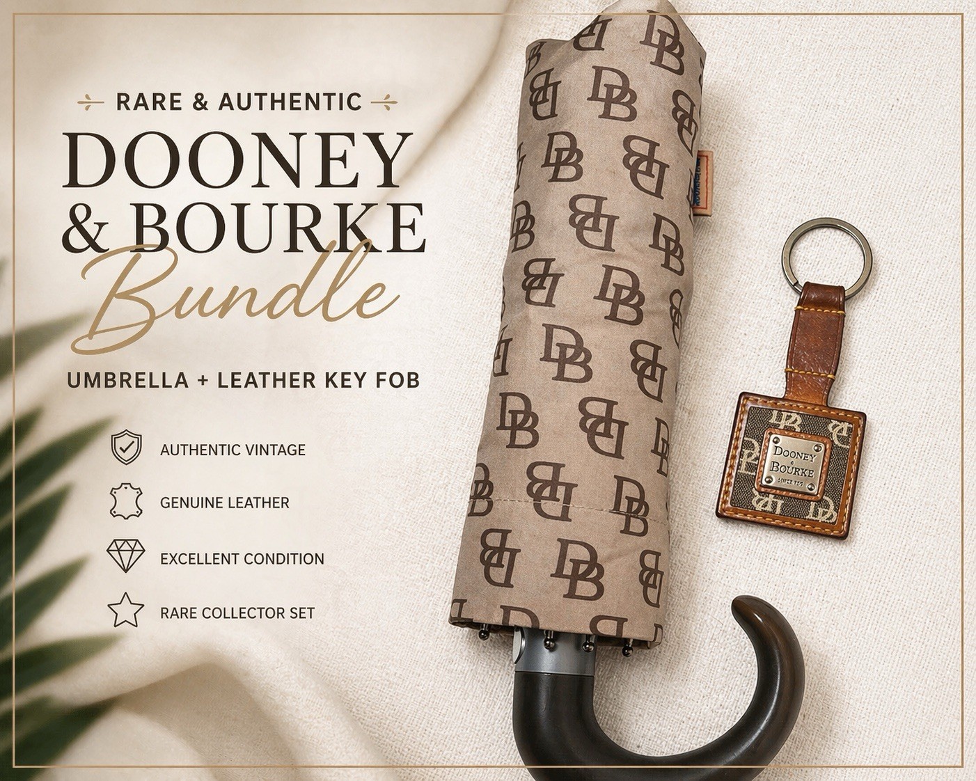 Rare Dooney & Bourke Archive DB Monogram Umbrella & Leather Fob Collector Bundle
