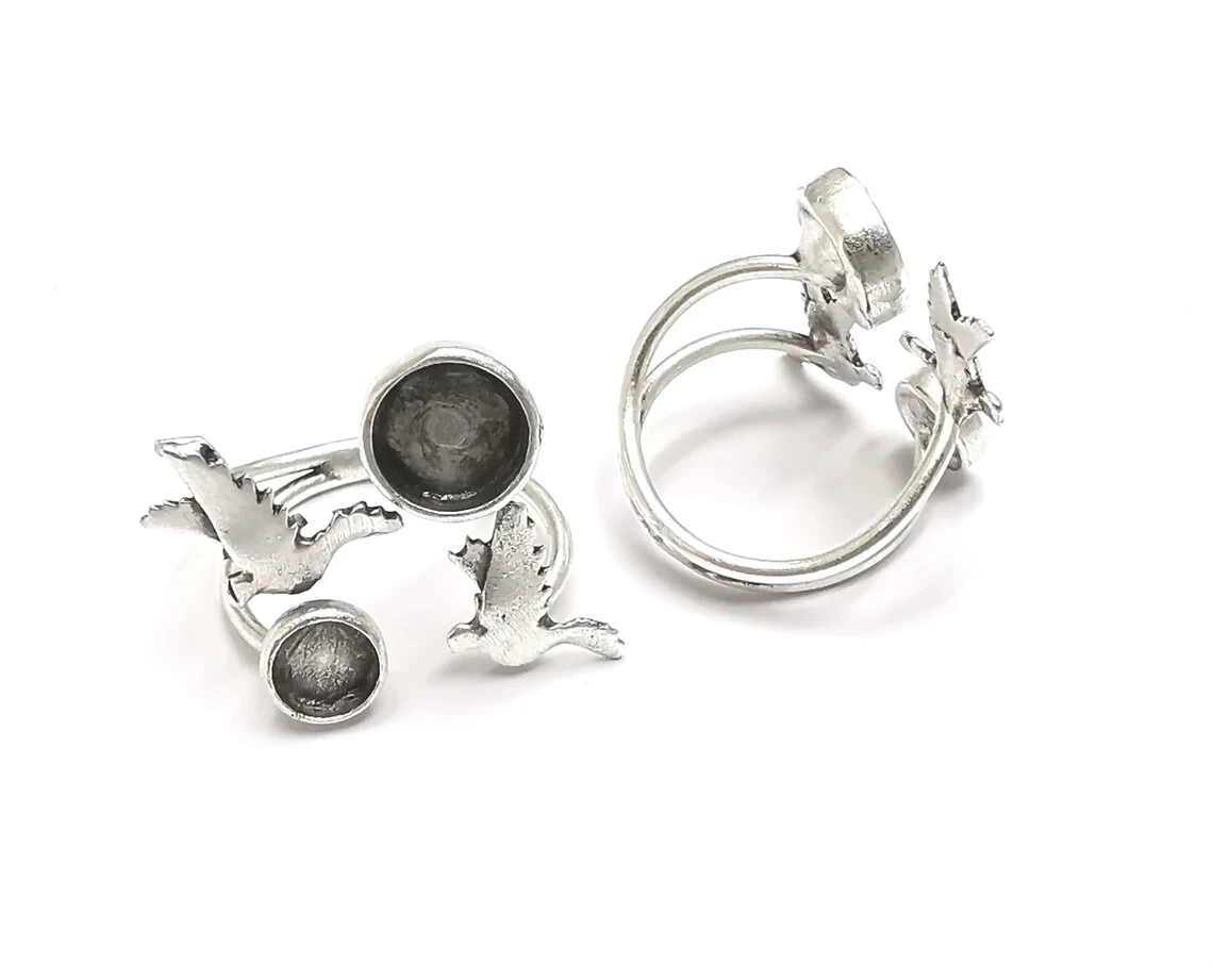 Flying Birds Silver Ring Setting Blank Cabochon Mounting Adjustable Brass