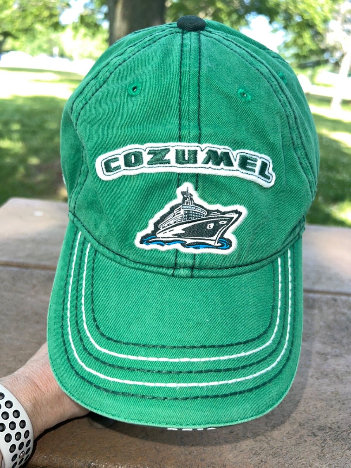 Cozumel Green Mayan Flea Market  w Cruise Ship Hat Cap Strap Metal Buckle VGC
