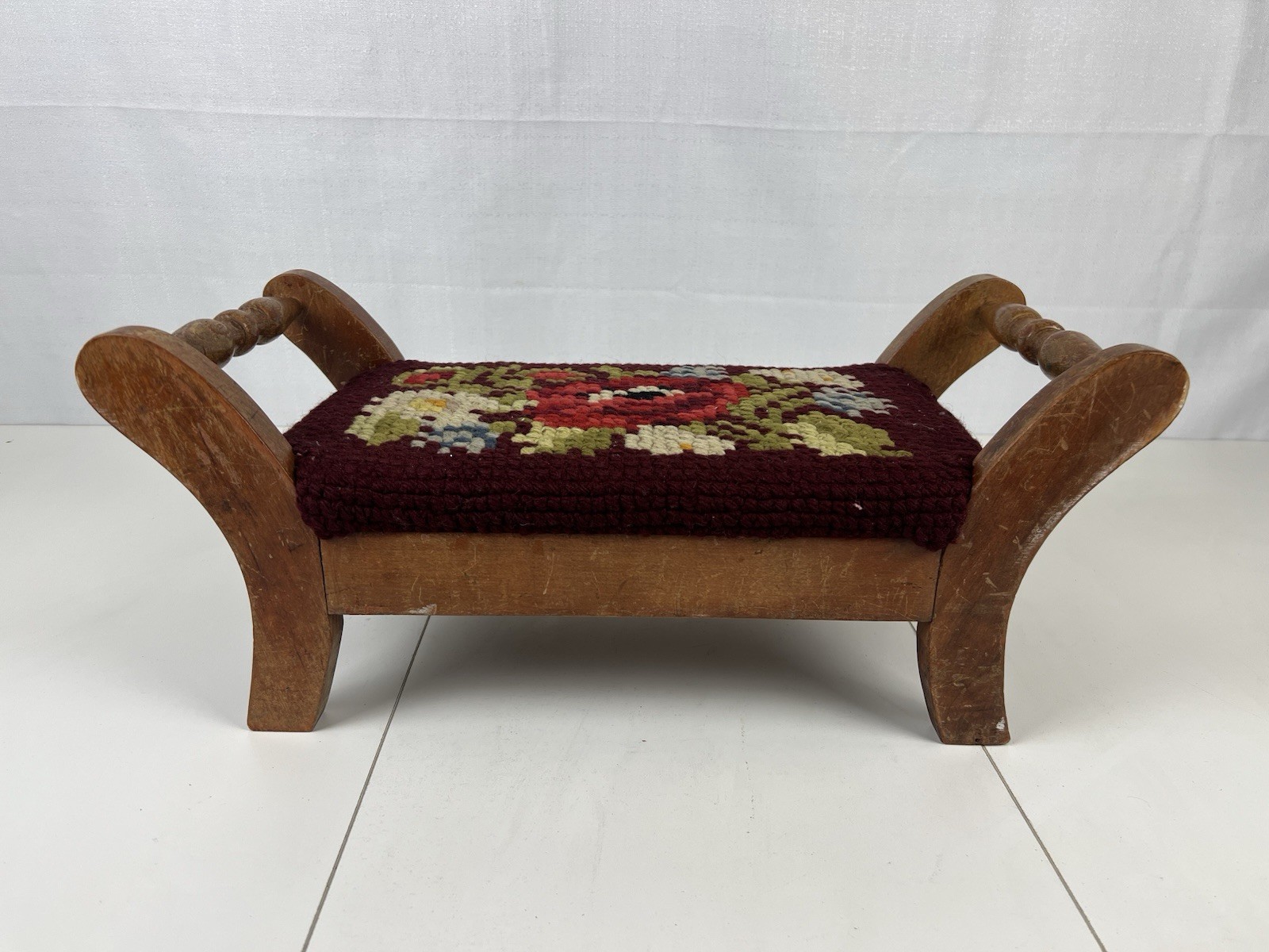Antique Solid Wood Frame Needlepoint Cushion Top Small Footstool Fair Condition