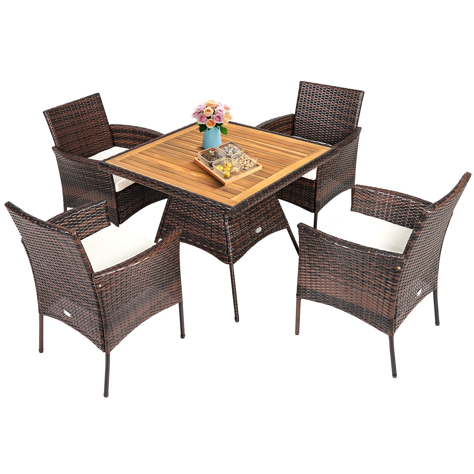 Patiojoy Patio 5PCS Rattan Dining Furniture Set Wooden Table Top Arm Chair