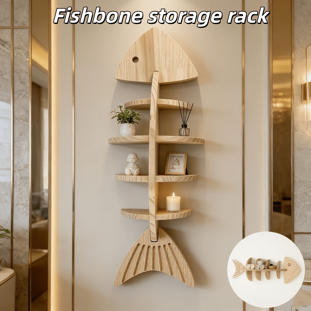 BIRDOCK 1pc Creative Wooden Fishbone Wall Storage Shelf