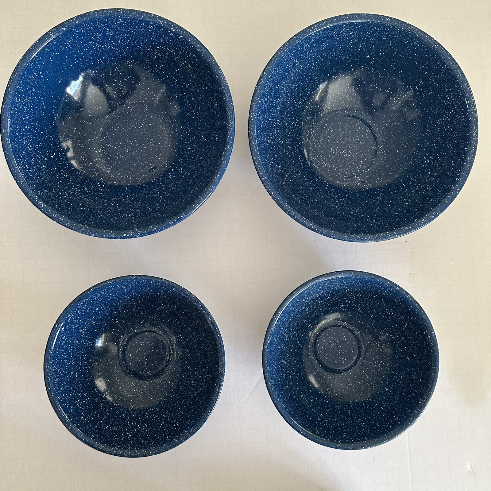 4 Blue Speckle Enamel Bowls Dishes Camping Picnic Pet Metal Outdoors Two Sizes