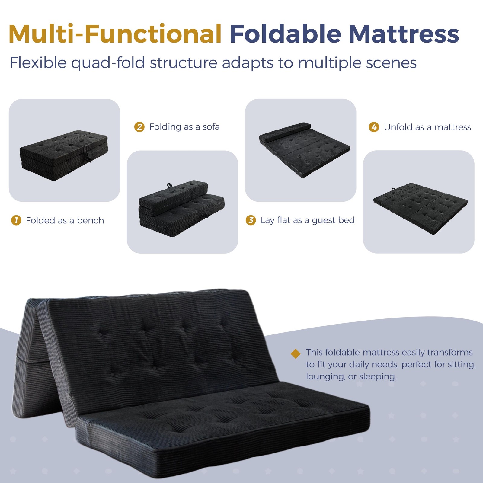 Foldable Sofa Couch Bed, 4 Inch Tufted Folding Mattress, Portable Floor Couch...