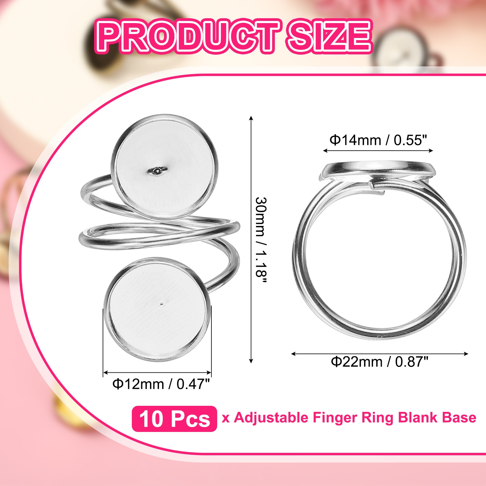 10Pcs Ring Blank Adjustable Finger Ring Blank Base 12mm White Gold