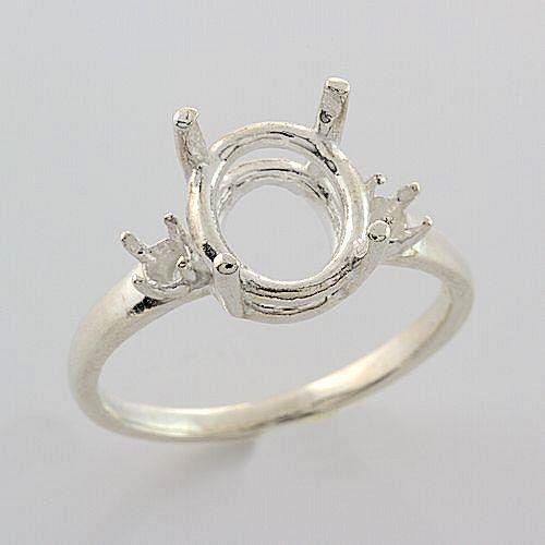 Sterling(10x8mm - 14x10mm) Oval with 3mm Accents Ring Mounting (Ring Size 5-11 )