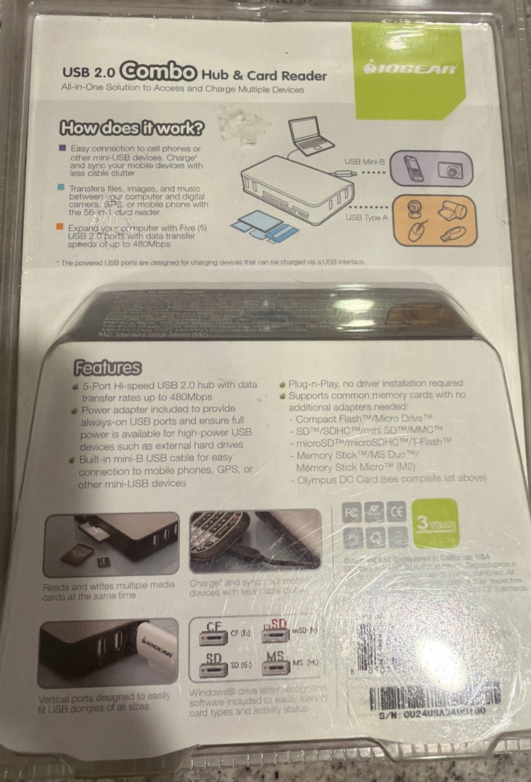 New IOGear High Capacity Support SDHC Micro SDHC 2.0 Combo Hub Card Reader A5