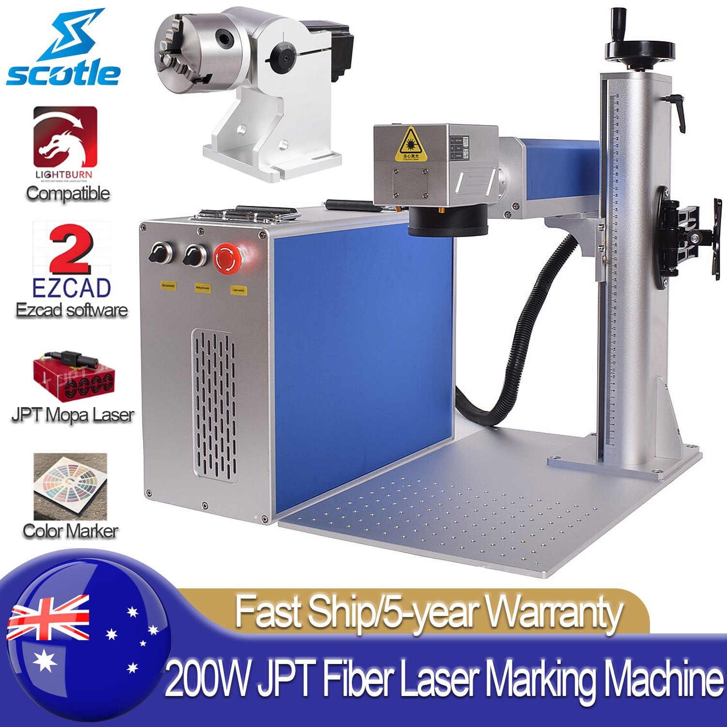 Scotle 200W JPT Mopa M7 Fiber Laser Marking Machine Metal Engraver & Rotary Axis