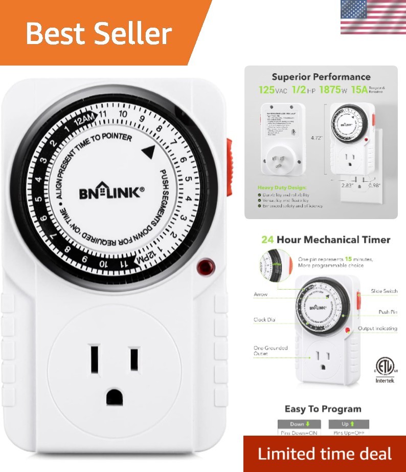 Grounded 24-Hour Plug-In Timer for Efficient Lighting & Appliance Automation