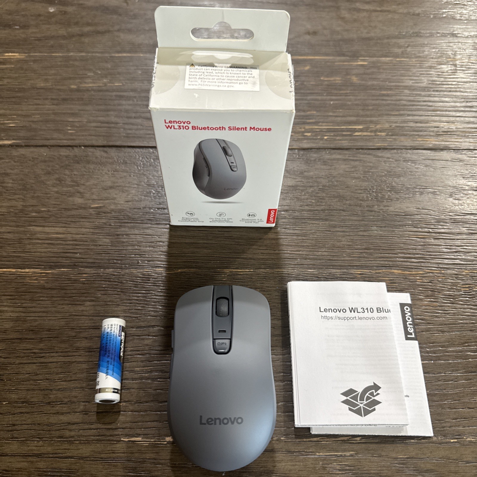 Lenovo WL310 Bluetooth Silent Mouse, Ergonomic 4.2" x 1.6" x 2.5"- Gray OPEN BOX
