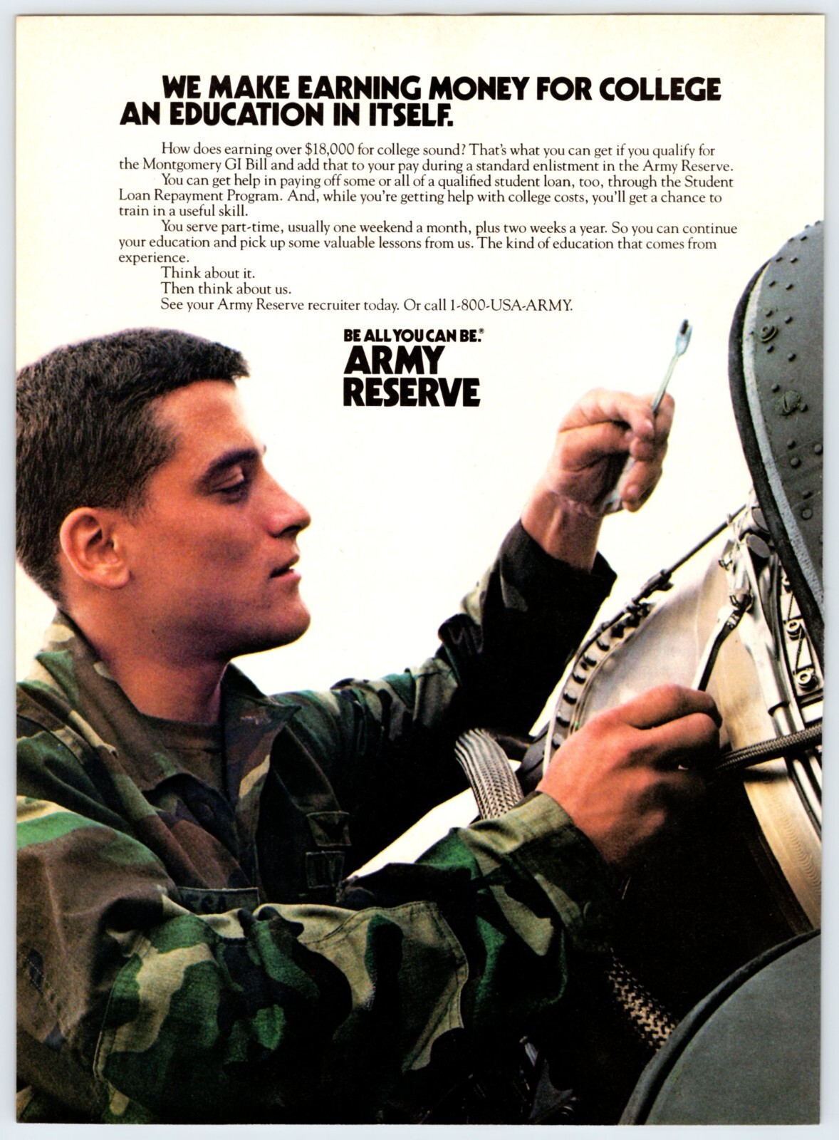 1990 MONEY FOR COLLEGE U.S. ARMY RESERVE Vintage 8"X11" Magazine Ad 1990's M616