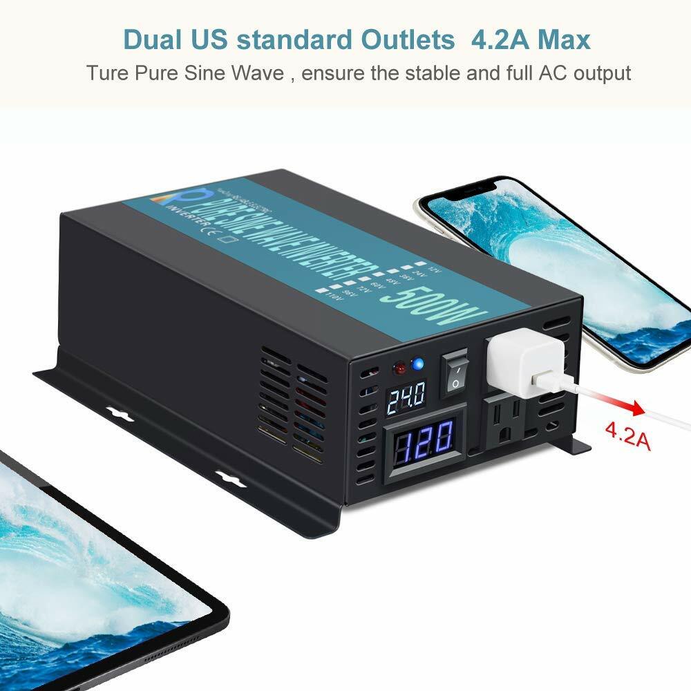 Pure Sine Wave Inverter 24V to 120V Power Converter 500W Van Truck Battery Car