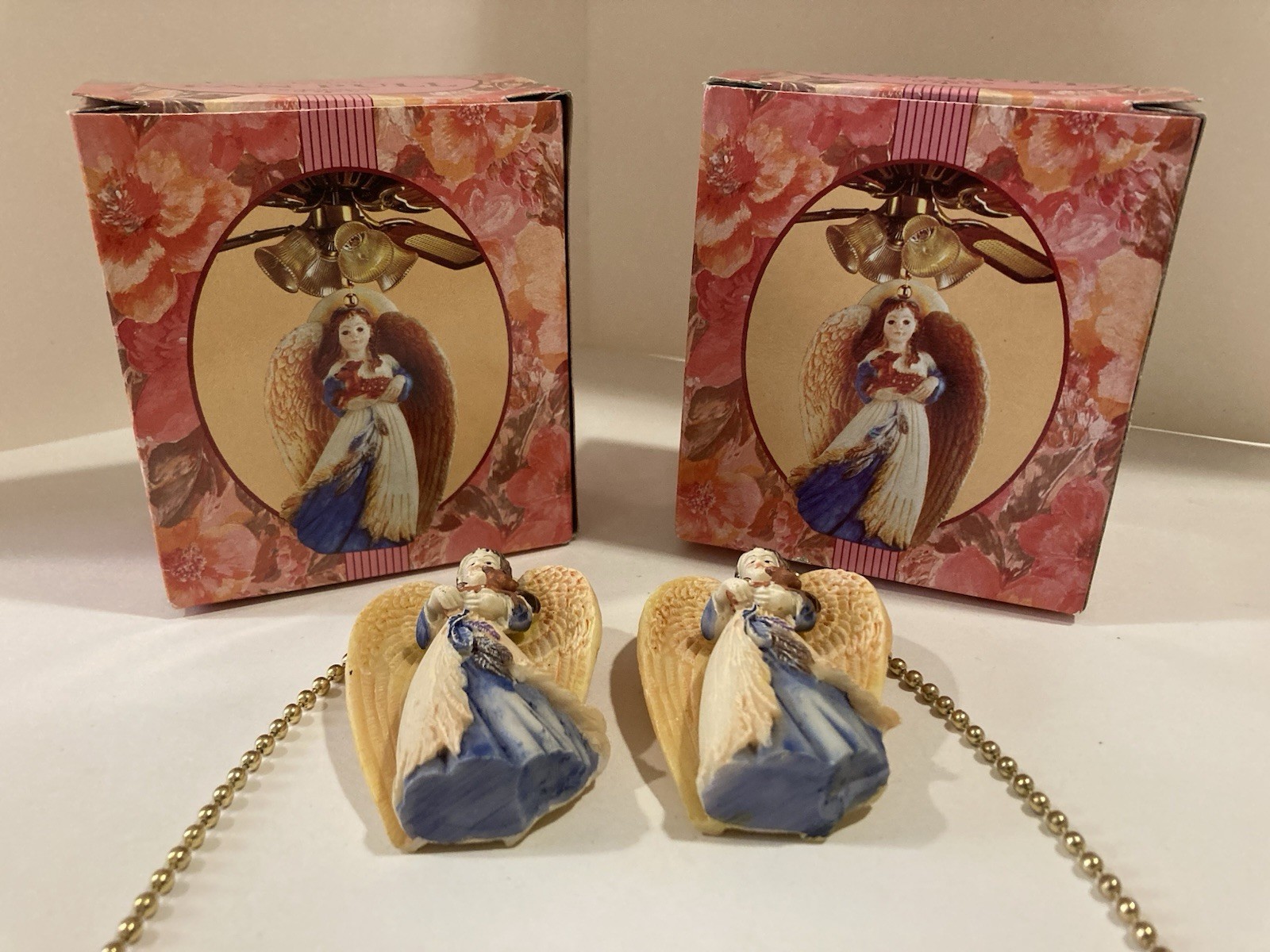 Vtg Lot of 2 Giftco Polystone Ceiling Fan/Light Pulls Angel Figures w/Orig Boxes