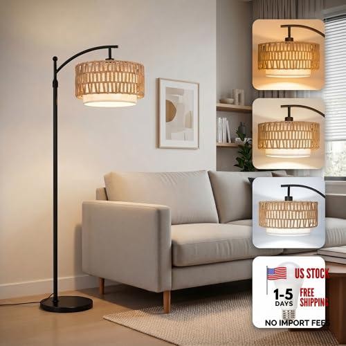 Bohemian Black Rattan Floor Lamp with 12W LED Bulb, 57.5"-67" Adjustable Height