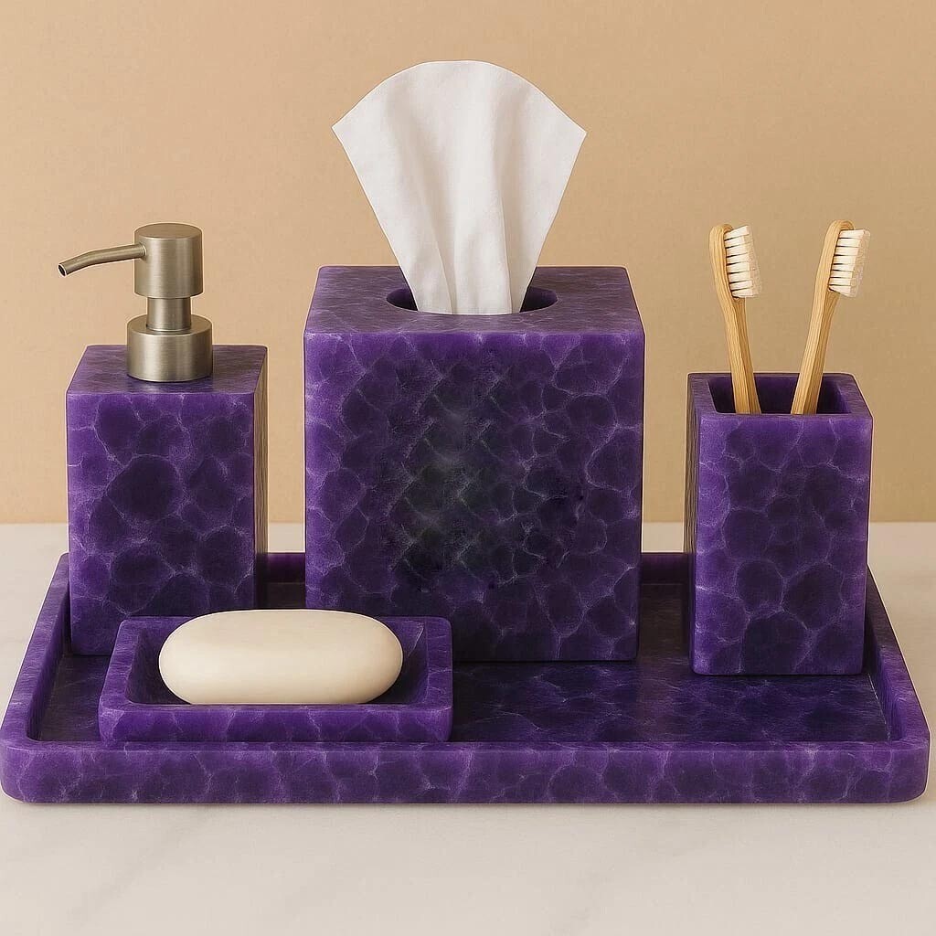Amethyst Bathroom Set – Tissue Box, Soap Dispenser & case, Brush Holder,tray