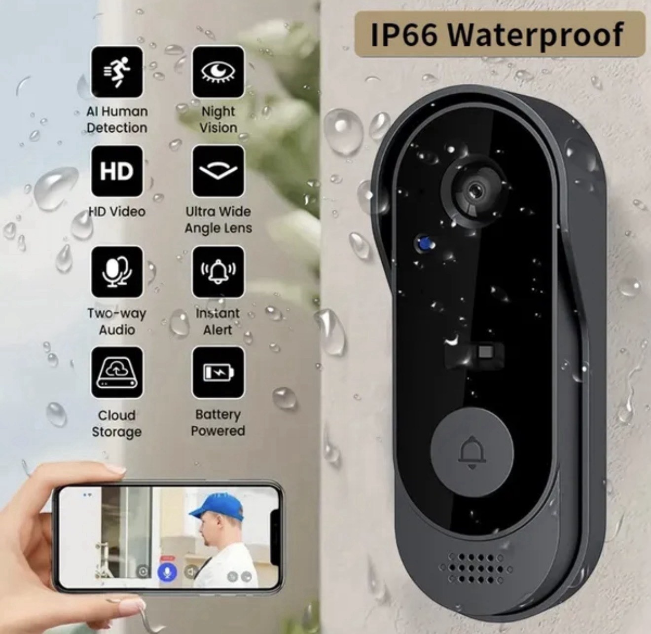 Wireless Video Doorbell with AI Human Detection, Night Vision, Two-Way Audio