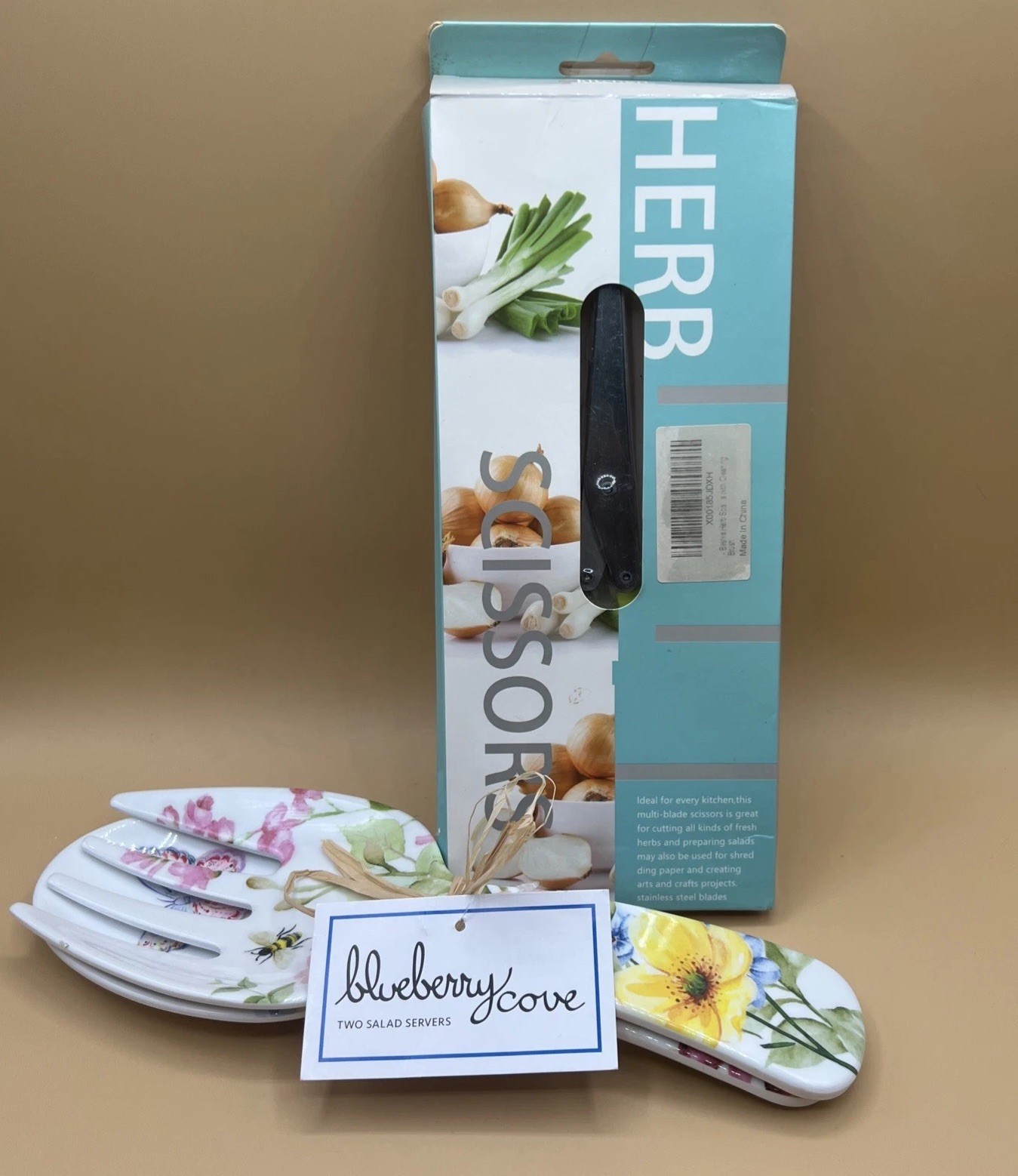 Melamine Salad  Tongs Decorated with Flowers And Bee & Herb Cutting Scissors ￼