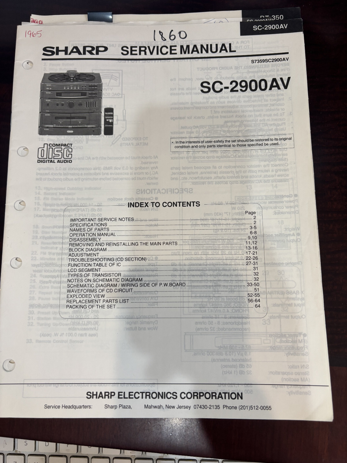 ORIG. SHARP SC-2900AV SC2900AV Repair & Service Manual 1965 2904 *ORIGINAL*