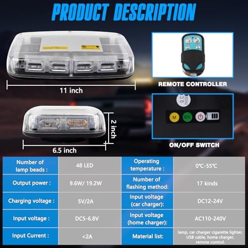 48LED Magnetic Strobe Light, Remote Control Wireless Rechargeable, 17 Amber