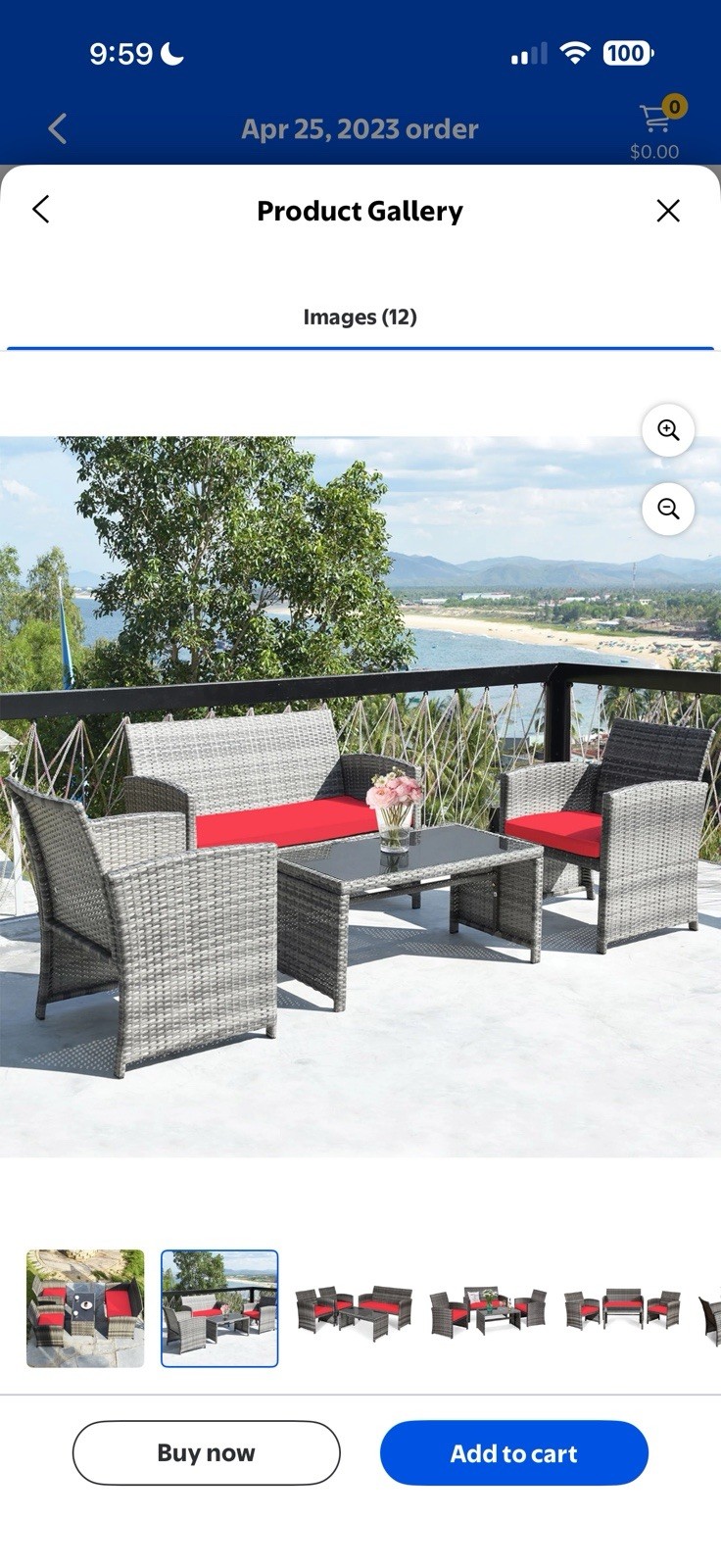 Costway 4PCS Patio Rattan Conversation Glass Table Top Cushioned Sofa Red